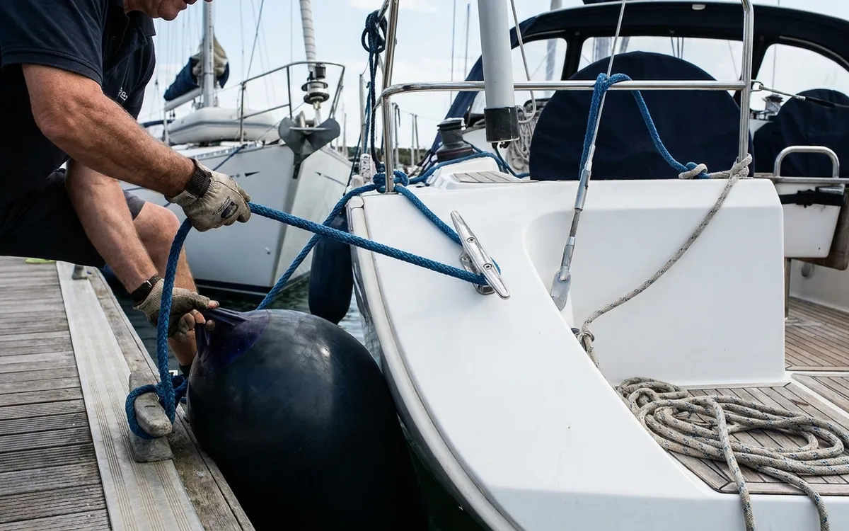 Hands tighten a yacht’s stern spring line while its bow faces the exposed southwest wind.