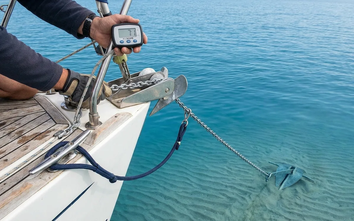 Hands pay out anchor chain through a yacht’s bow roller as a nylon snubber is secured to a bow cleat.