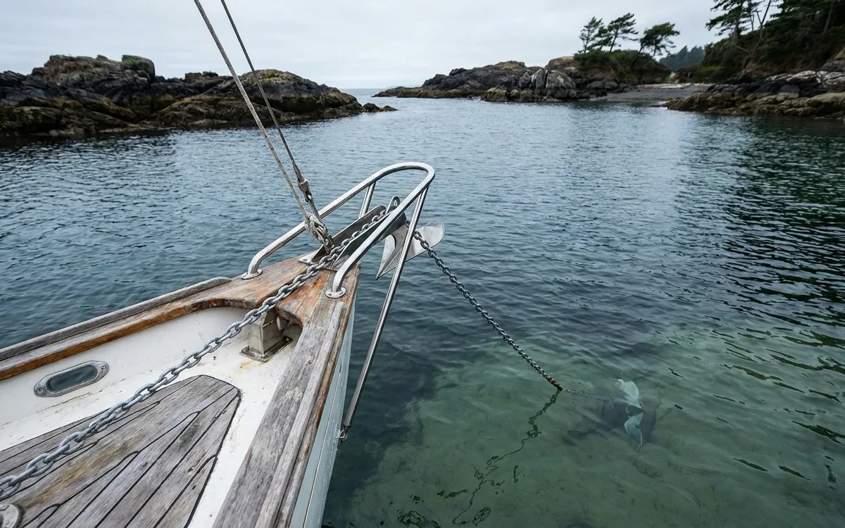 A sailboat anchored in a sheltered bay, held clear of a rocky shore.
