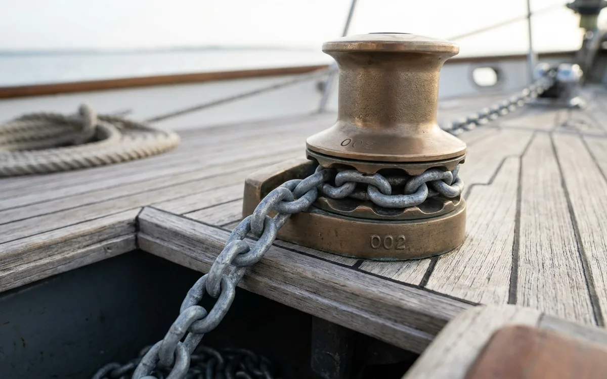 5/16-inch anchor chain seated in a bronze windlass gypsy
