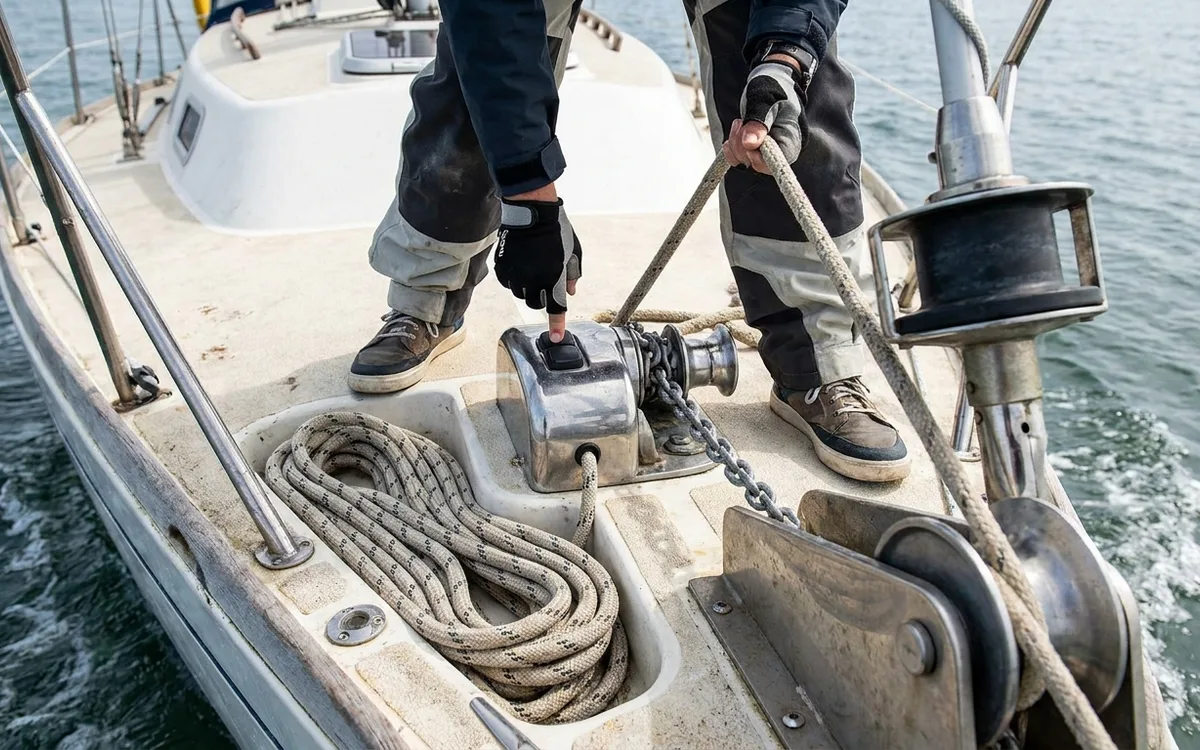 A boater controls anchor rode payout at the windlass as the boat moves slowly astern.