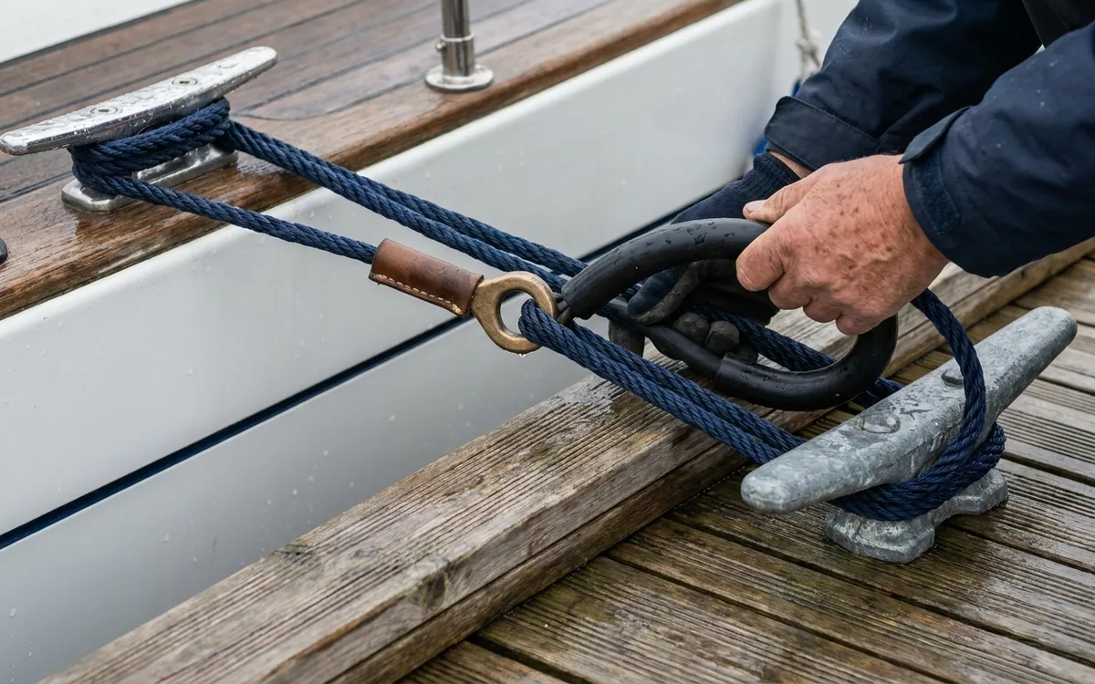 Hands fit a rubber snubber into a nylon spring line secured between a boat and floating pontoon.