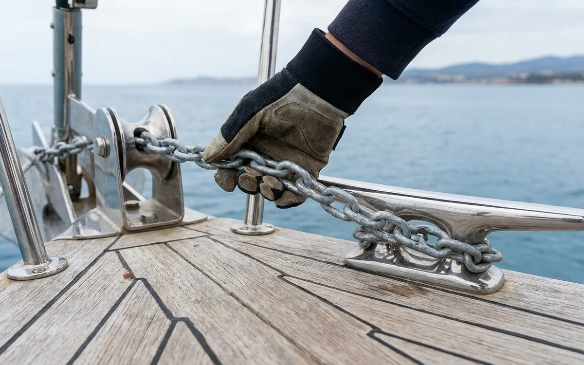 A hand transfers the taut anchor chain from the bow roller onto a cleat after paying out scope.
