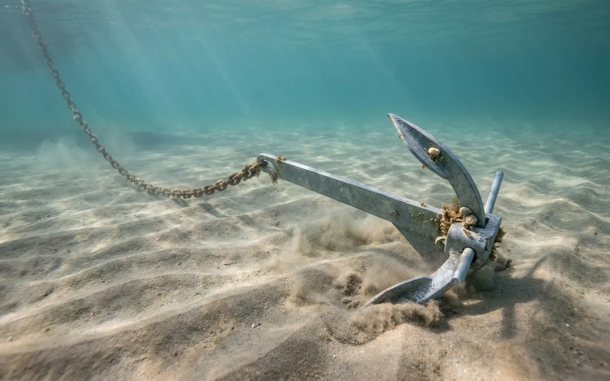 A boat anchor’s pointed fluke digs into sand as its chain pulls low along the seabed.