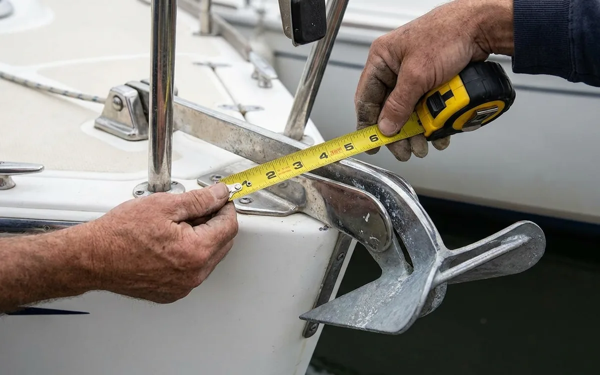 Hands measure bow roller clearance with a stainless-steel anchor seated in position.