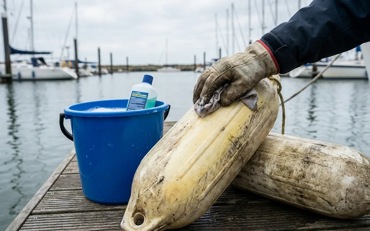 A gloved hand scrubs black grime from a white boat fender on a marina pontoon.