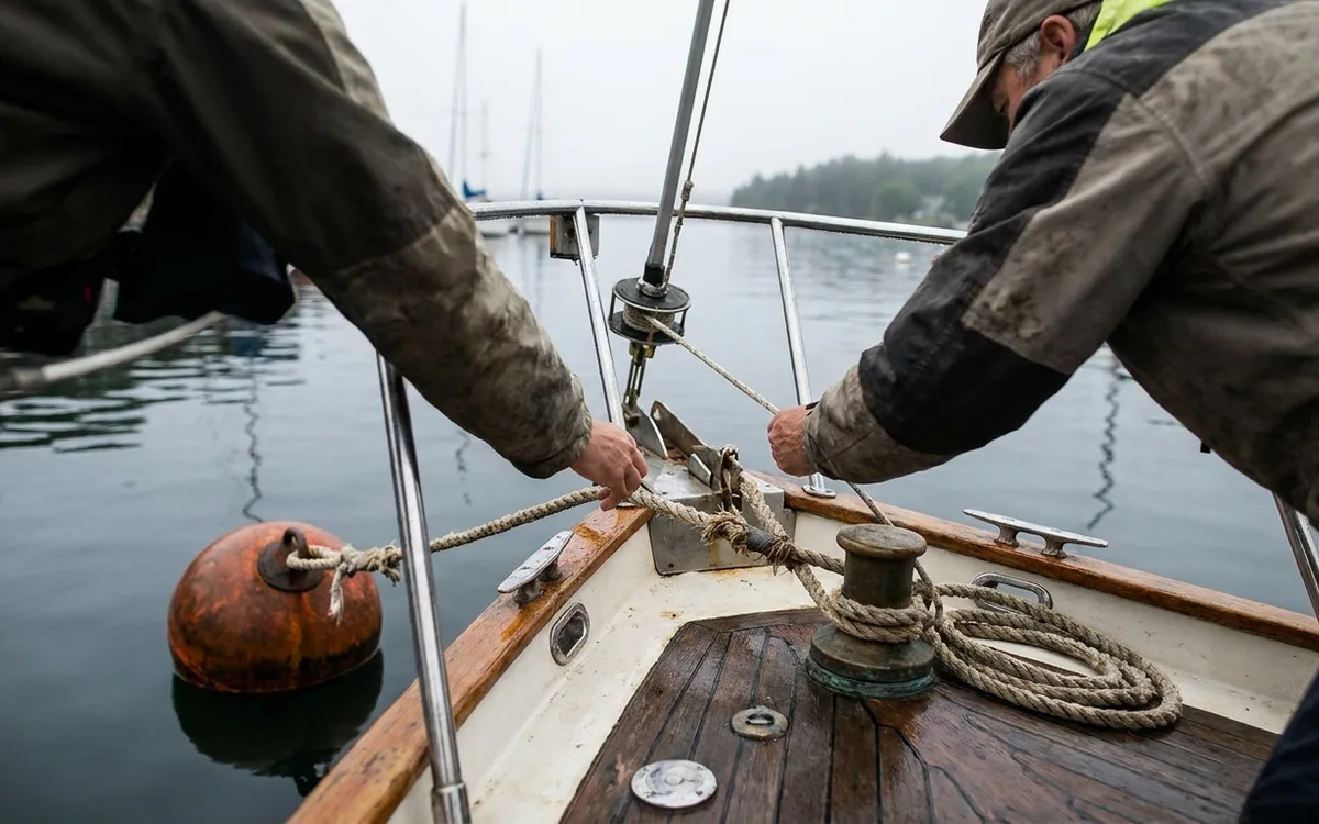 A sailor guides a pickup line through a mooring buoy’s ring from the bow of a sailboat.