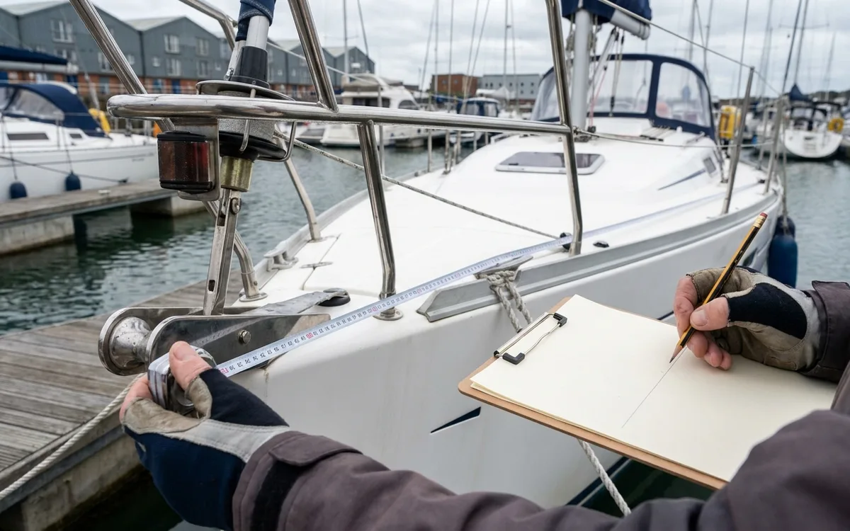 Hands measure a boat’s overall length from the bow to the transom, including its bathing platform.