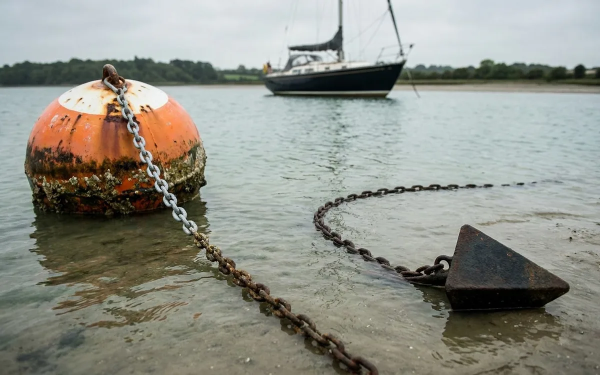 Mooring buoy and galvanized chain leading to a heavy sinker on the estuary seabed