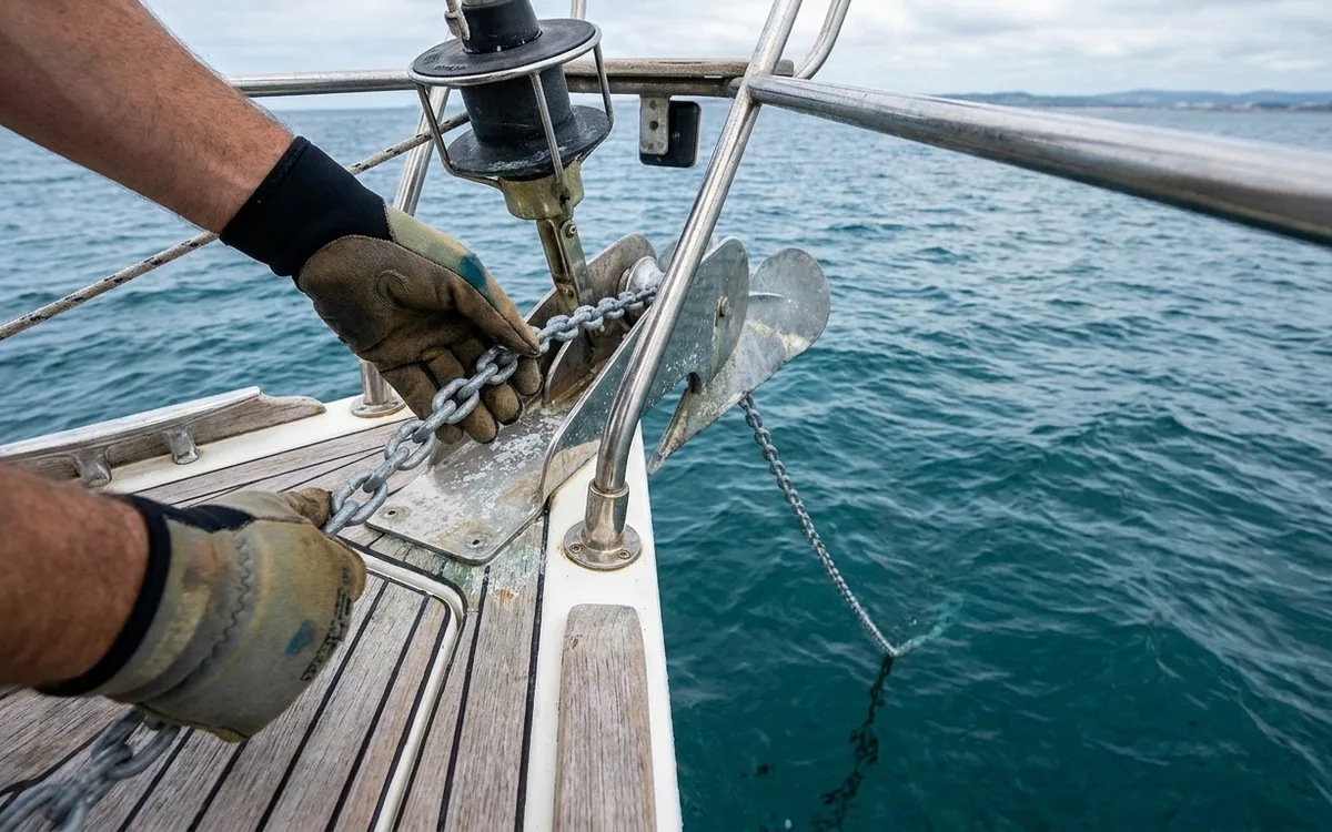 Hands pay out chain through the bow roller as the boat moves away to set the anchor.