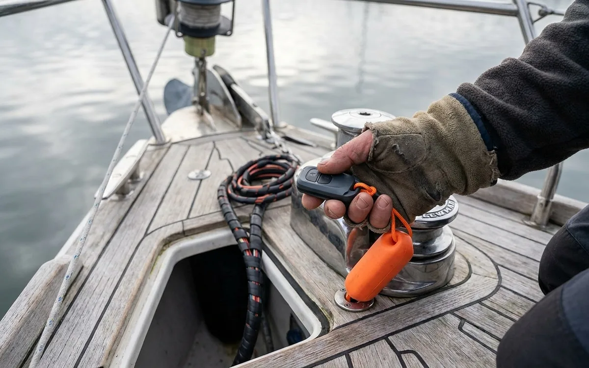 Waterproof windlass remote on a floating lanyard beside the bow anchor gear.