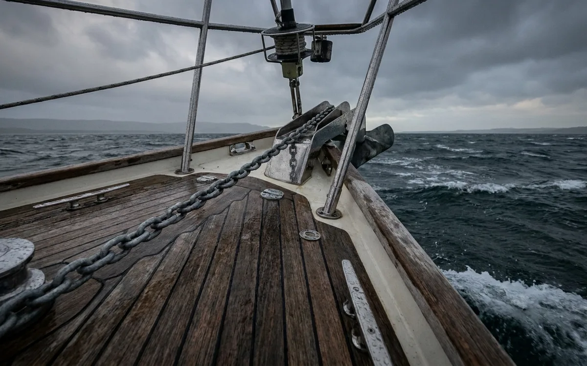 Taut anchor chain running from a sailboat’s bow roller into wind-rippled water