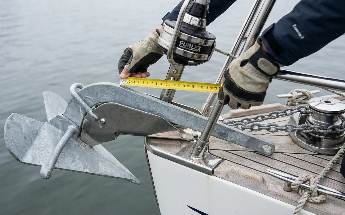 Hands check a 20 kg anchor seated on a Dehler 34 bow roller, confirming clearance from the stem and pulpit.