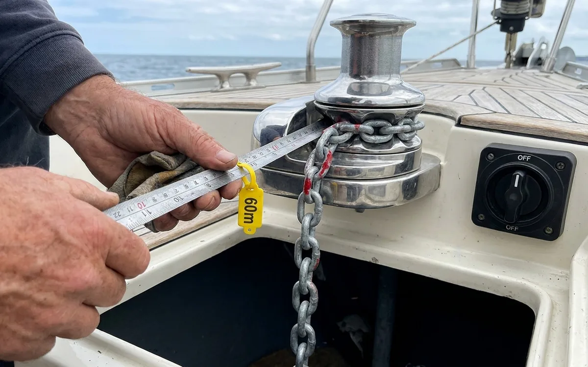Hands mark 60 metres of 10 mm anchor chain as it feeds correctly through the windlass gypsy.