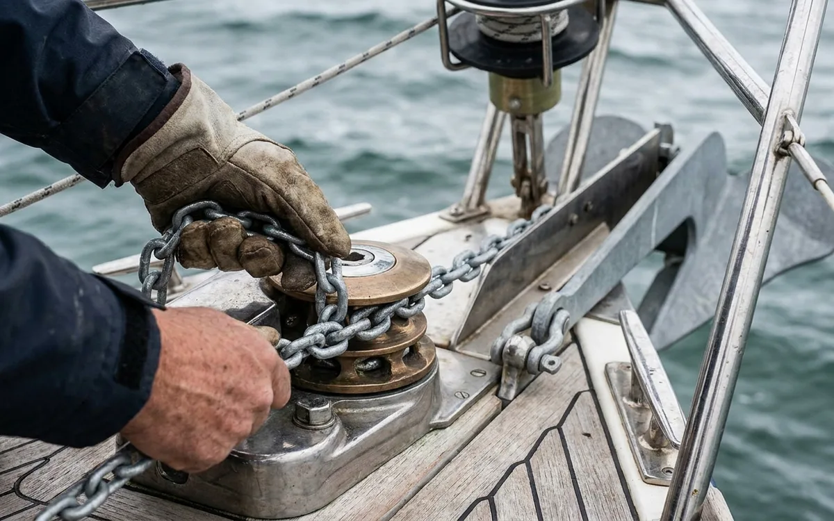 Hands check 10 mm galvanised chain seating correctly in the windlass gypsy at the bow roller.