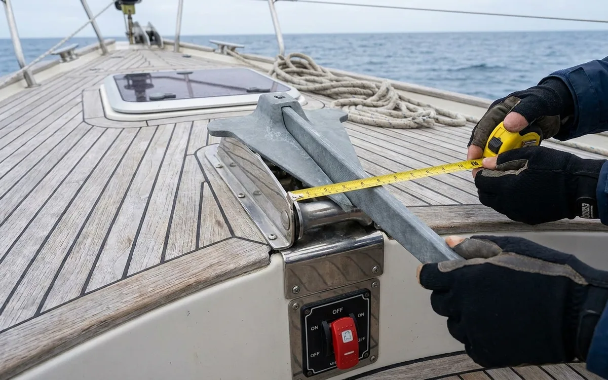 Hands check anchor shank and fluke clearance at an HR42 bow roller using a full-size fitting template.