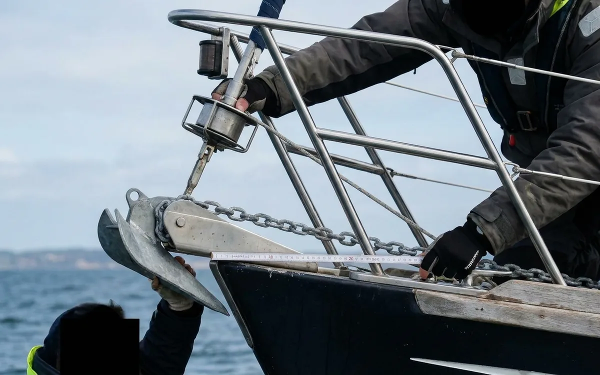 Hands checking that a modern anchor clears the Monsun 31’s stem and pulpit on the bow roller.