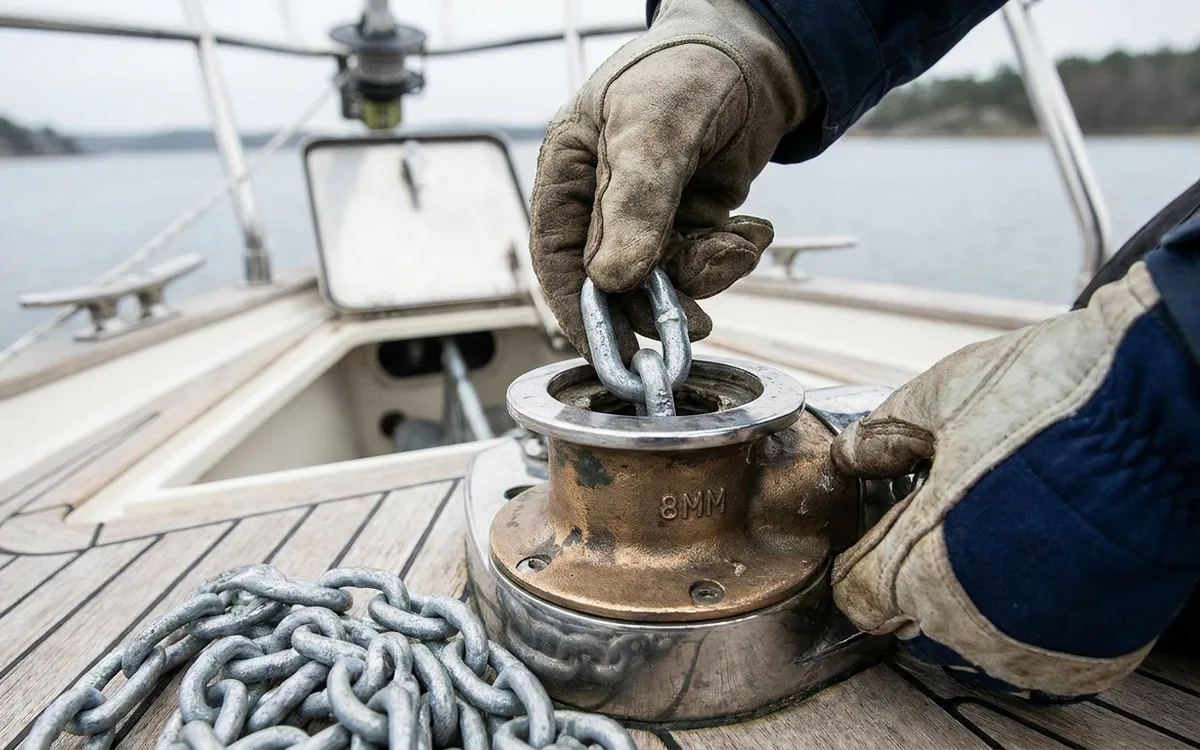 Gloved hands check that 8 mm anchor chain links seat correctly in the isolated windlass gypsy.