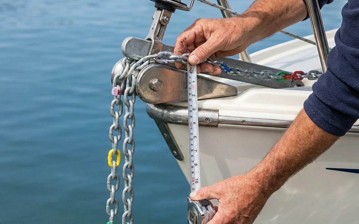 Hands check bow roller height and guide 8 mm anchor chain clear of the pulpit.