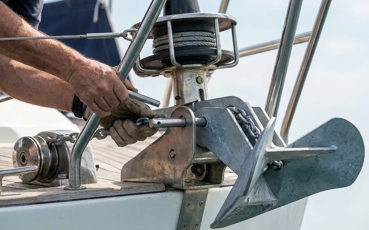 Hands checking a 20 kg scoop anchor’s clearance and pin fit in an Arcona 340 bow roller.
