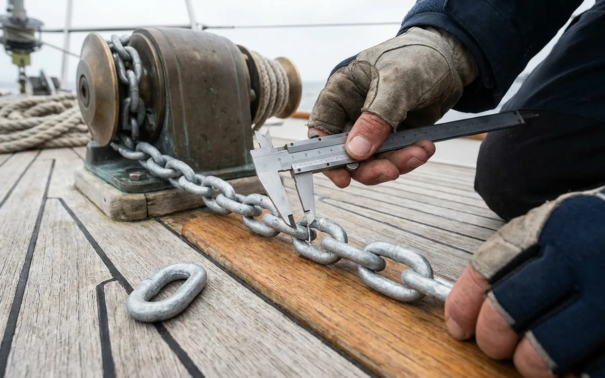 Hands measure anchor-chain diameter and link pitch with calipers to match the Bavaria 37’s windlass gypsy.