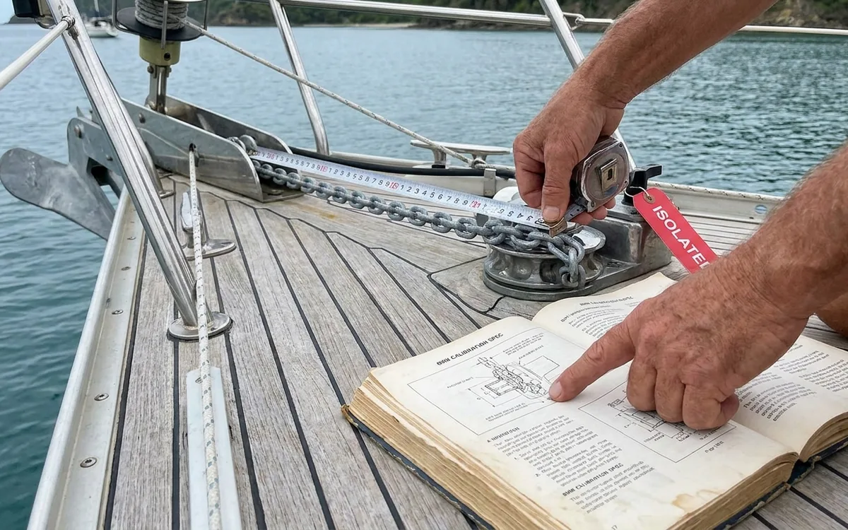 Hands check chain link pitch against the windlass specification beside the gypsy.