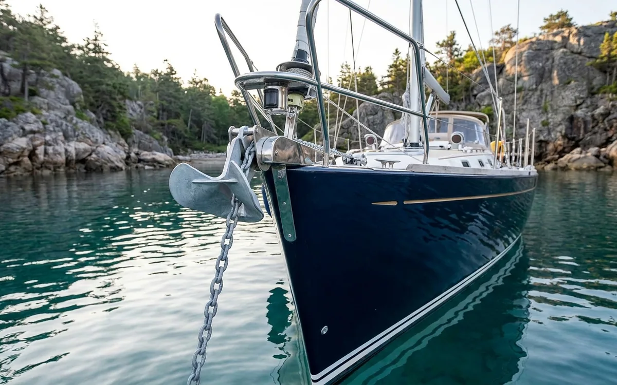 Cruising sailboat bow with a modern anchor and heavy chain deployed in a sheltered cove.