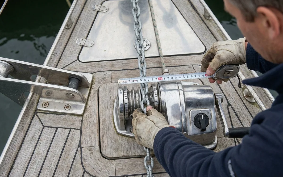 A sailor checks 10 mm anchor chain link fit against the Najad 361 windlass gypsy.