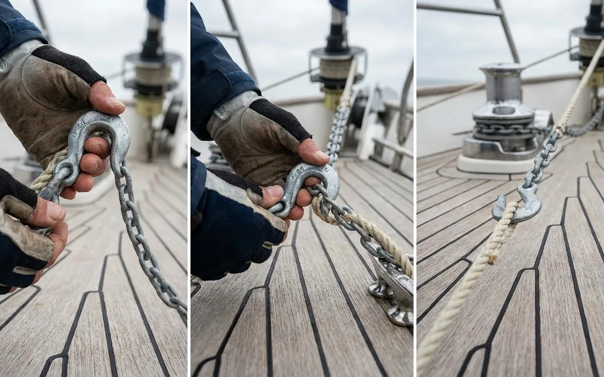 Hands hook a nylon snubber onto the anchor chain and ease it to take the load off the windlass.