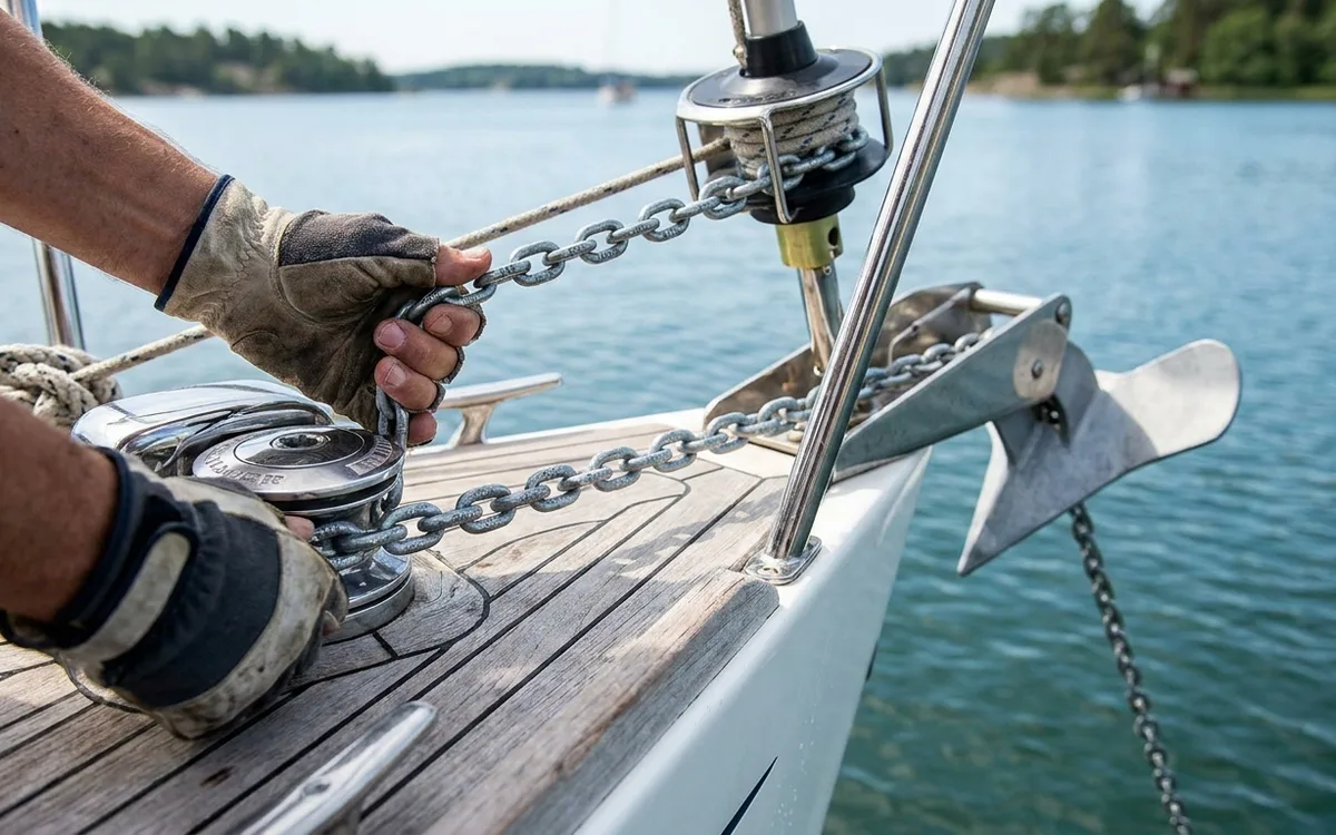 Gloved hands feed 8 mm DIN 766 chain through a matching windlass gypsy and bow roller.