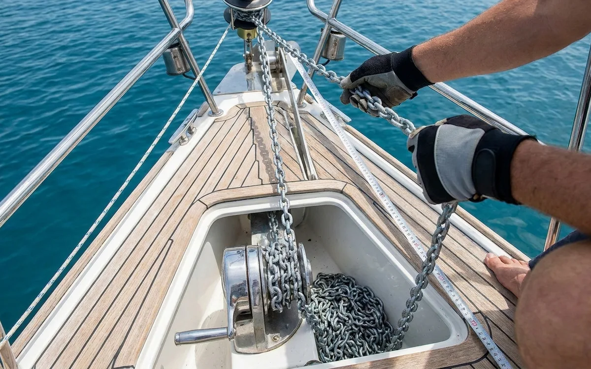 Hands pay out 8 mm anchor chain smoothly through a matched windlass gypsy for a measured 5:1 scope.