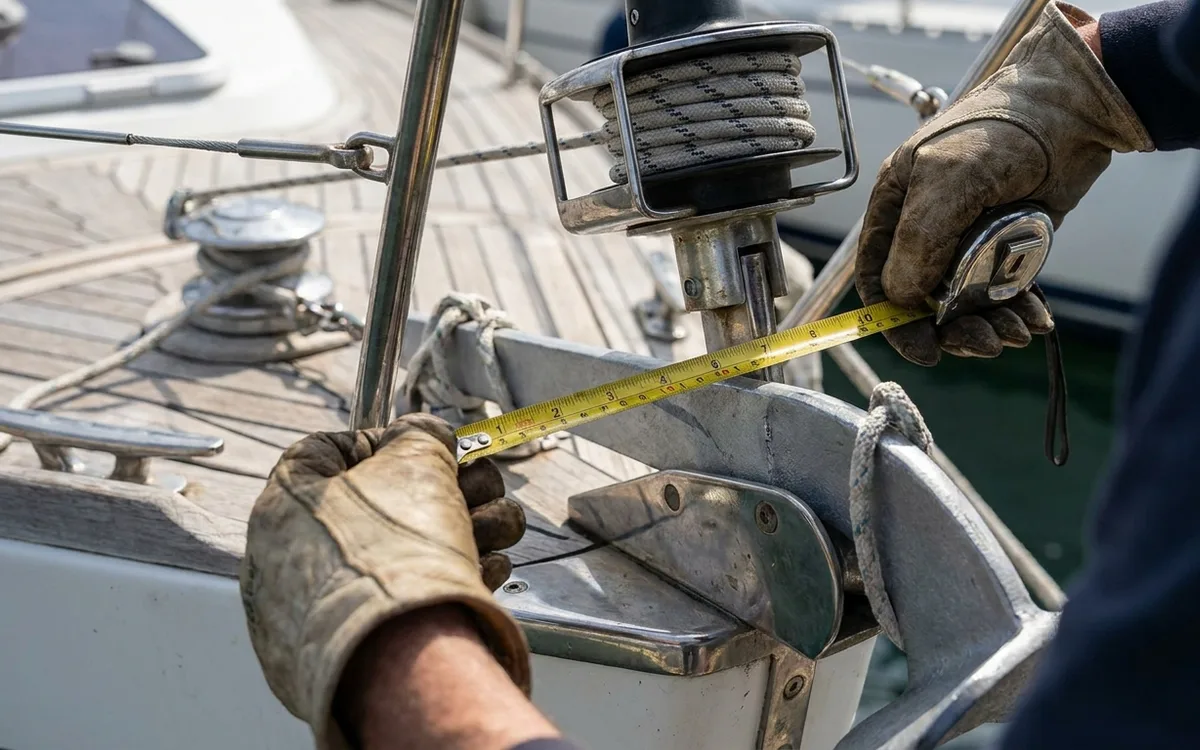 Gloved hands check bow-roller clearance with a trial-fitted scoop anchor on an Arcona 400.