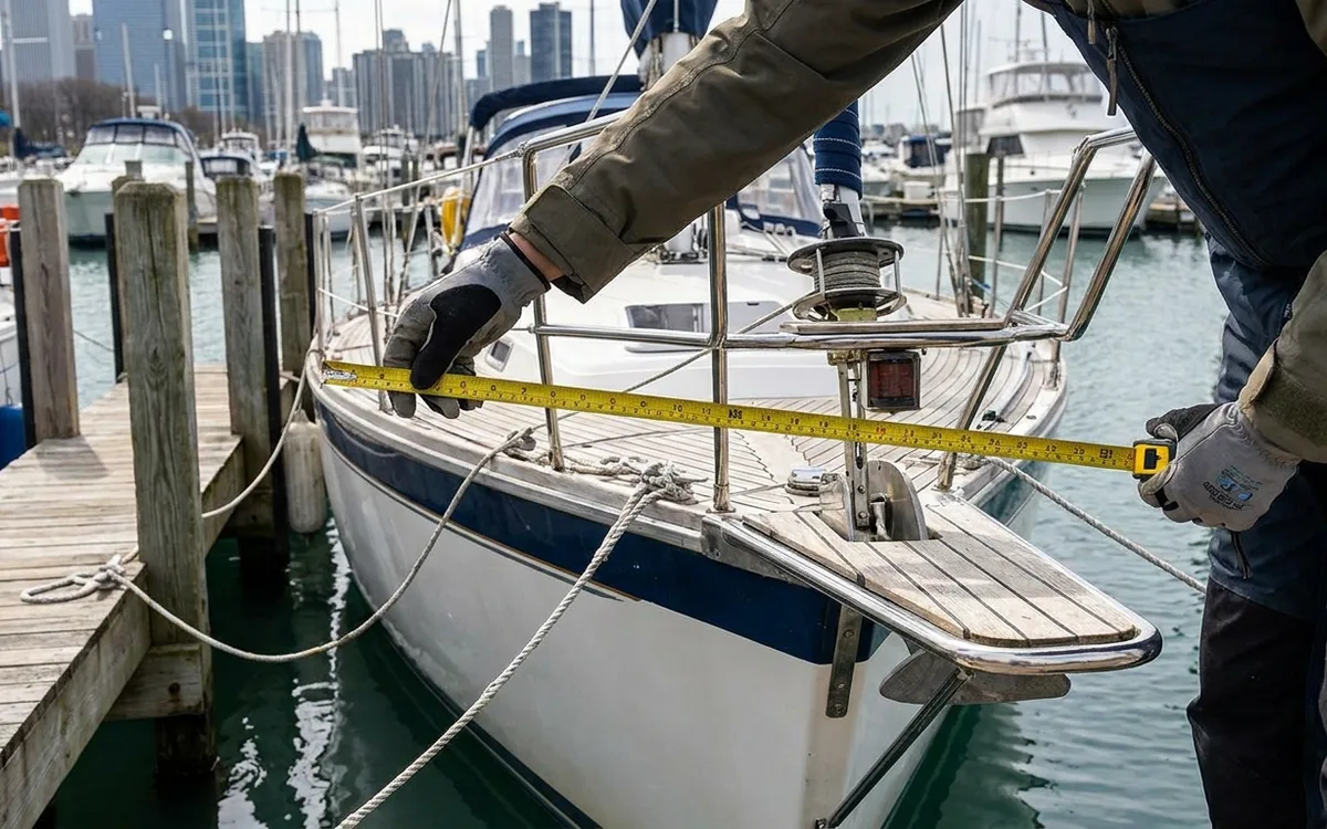 Hands measure a docked boat from its anchor roller to the bathing platform to establish chargeable length.