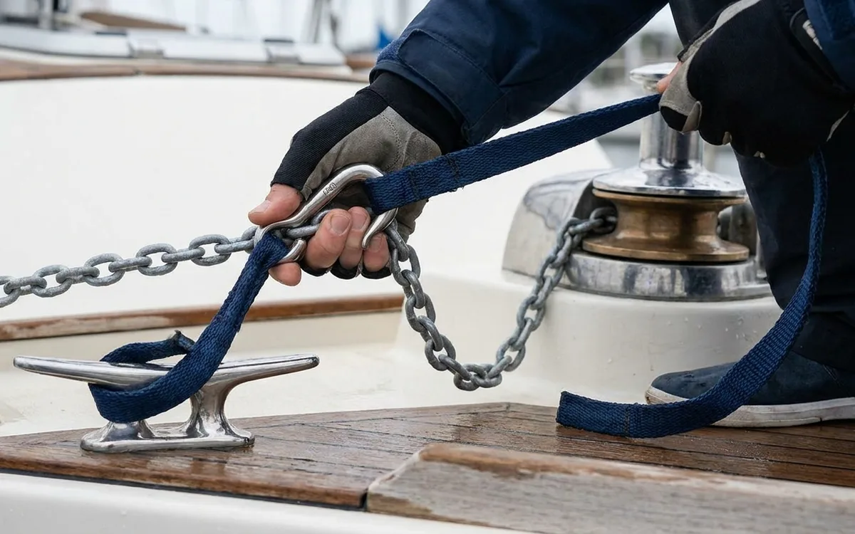 Hands attach a nylon snubber to anchor chain and lead its line to a bow cleat.