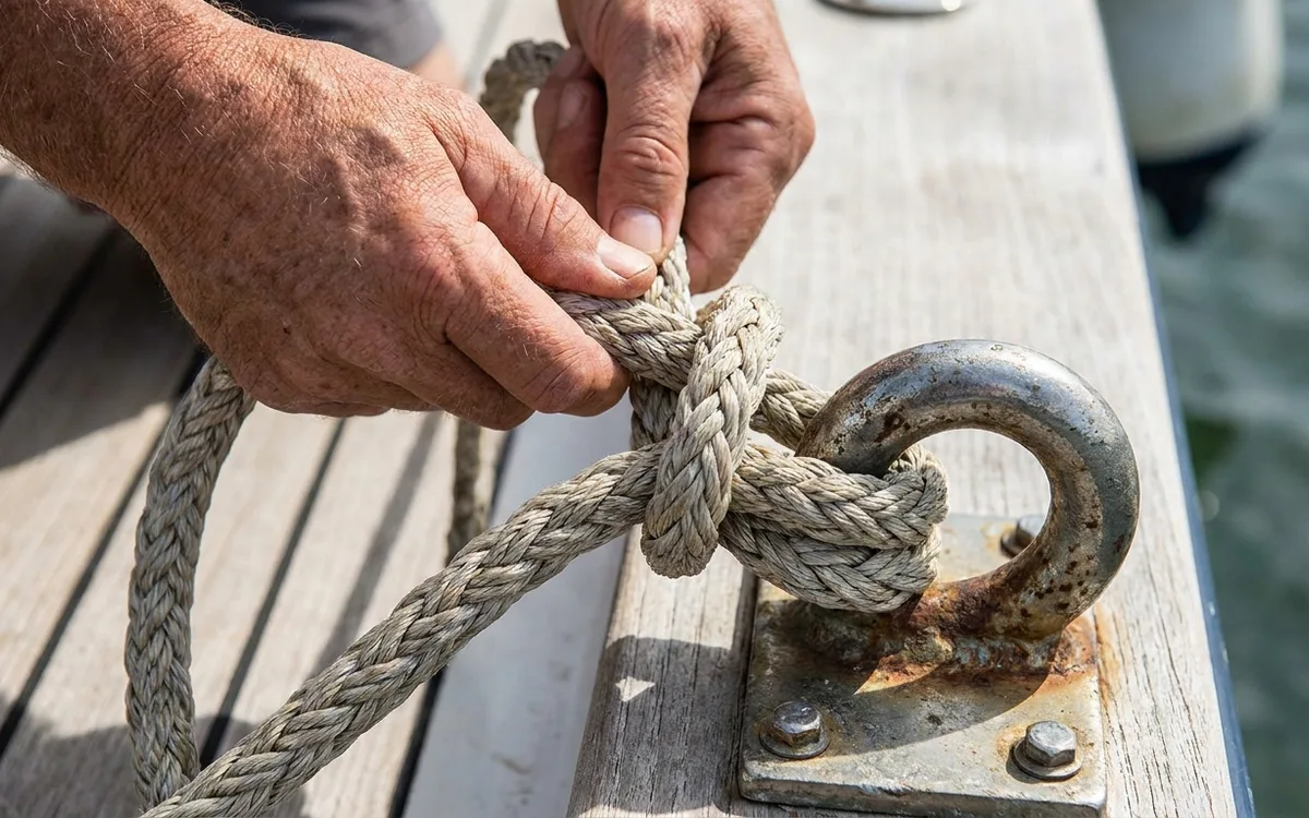 Hands tie a round turn and two snug half hitches around a mooring ring, leaving a long tail.