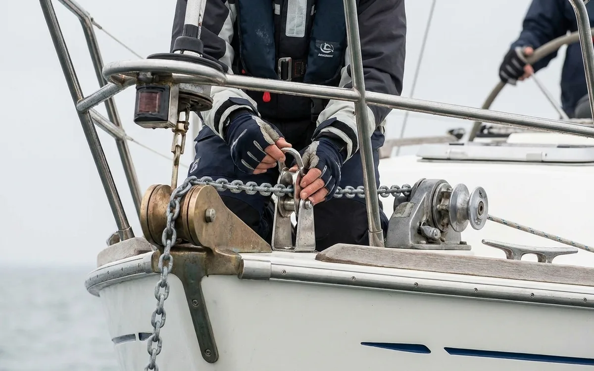 Crew secures the taut anchor chain in a bow chain stopper, unloading the windlass with the rode nearly vertical.