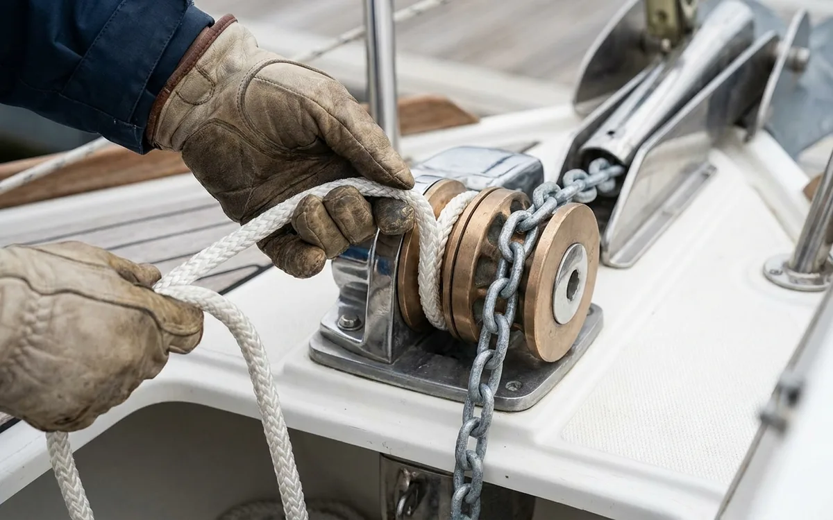 Gloved hands guide eight-plait polyester anchor rope into the correctly matched windlass gypsy.