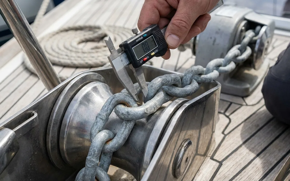 A caliper measures an intact galvanized anchor-chain link beside the bow roller with the windlass off.