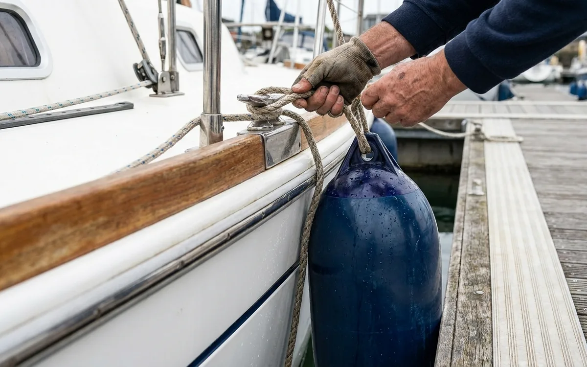Hands position a cylindrical fender between a cruising boat’s hull and the pontoon edge.