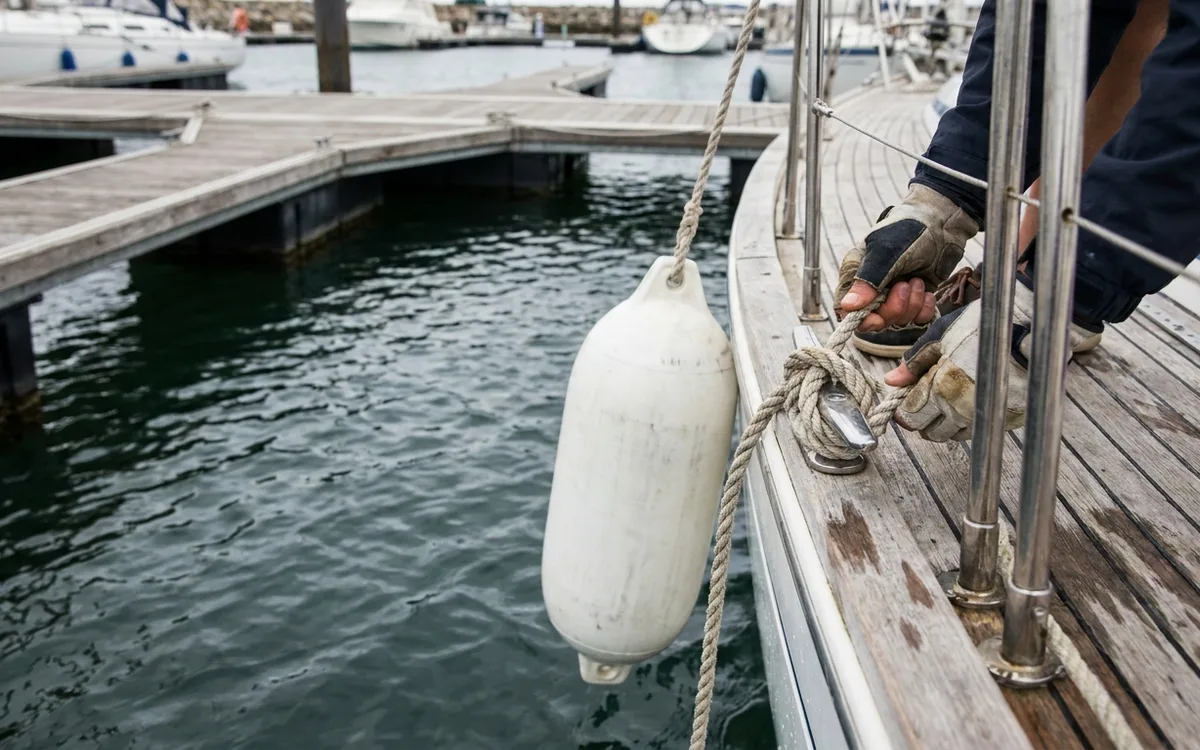 Hands secure a fender to a side cleat at pontoon contact height before a marina approach.