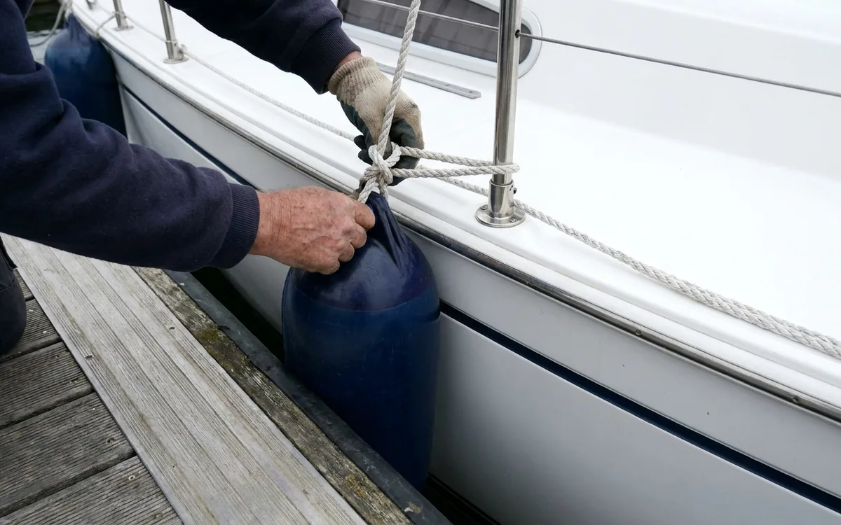 Hands secure a cylindrical fender with its thickest section aligned over the pontoon’s rubbing edge.