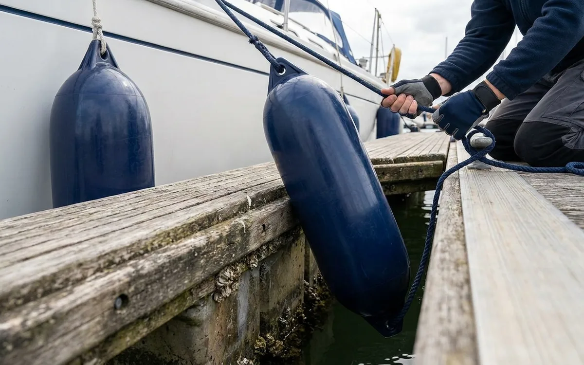 Hands ease the moored boat toward the pontoon to check a vertical fender at the hull’s widest point.