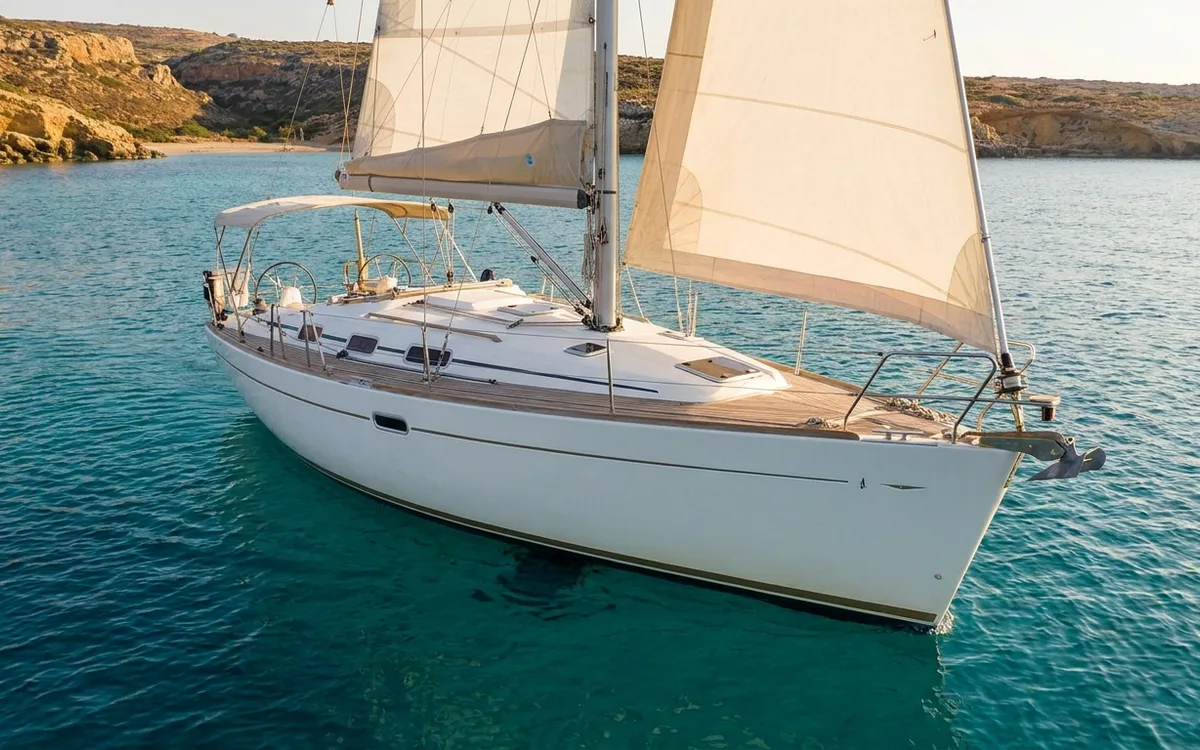 Family cruising yacht sailing in a sheltered Mediterranean bay in warm afternoon light.