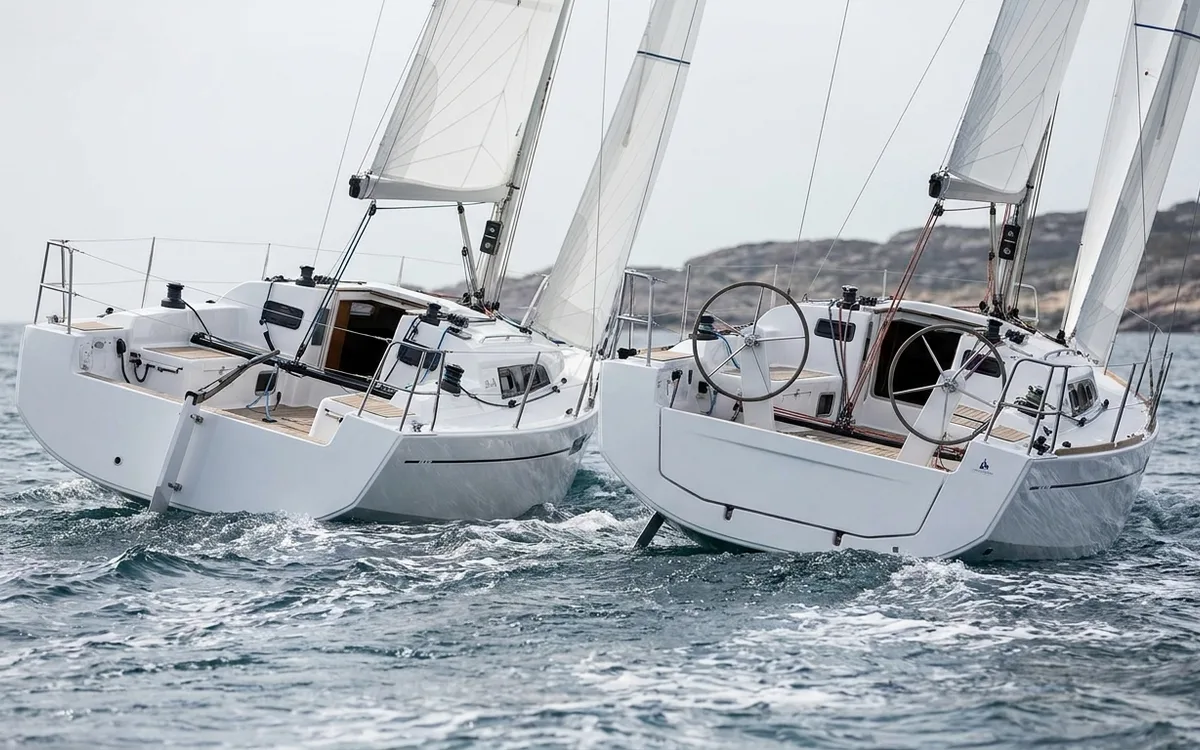 Two modern 31-foot cruisers sailing on a coastal reach, viewed from behind.