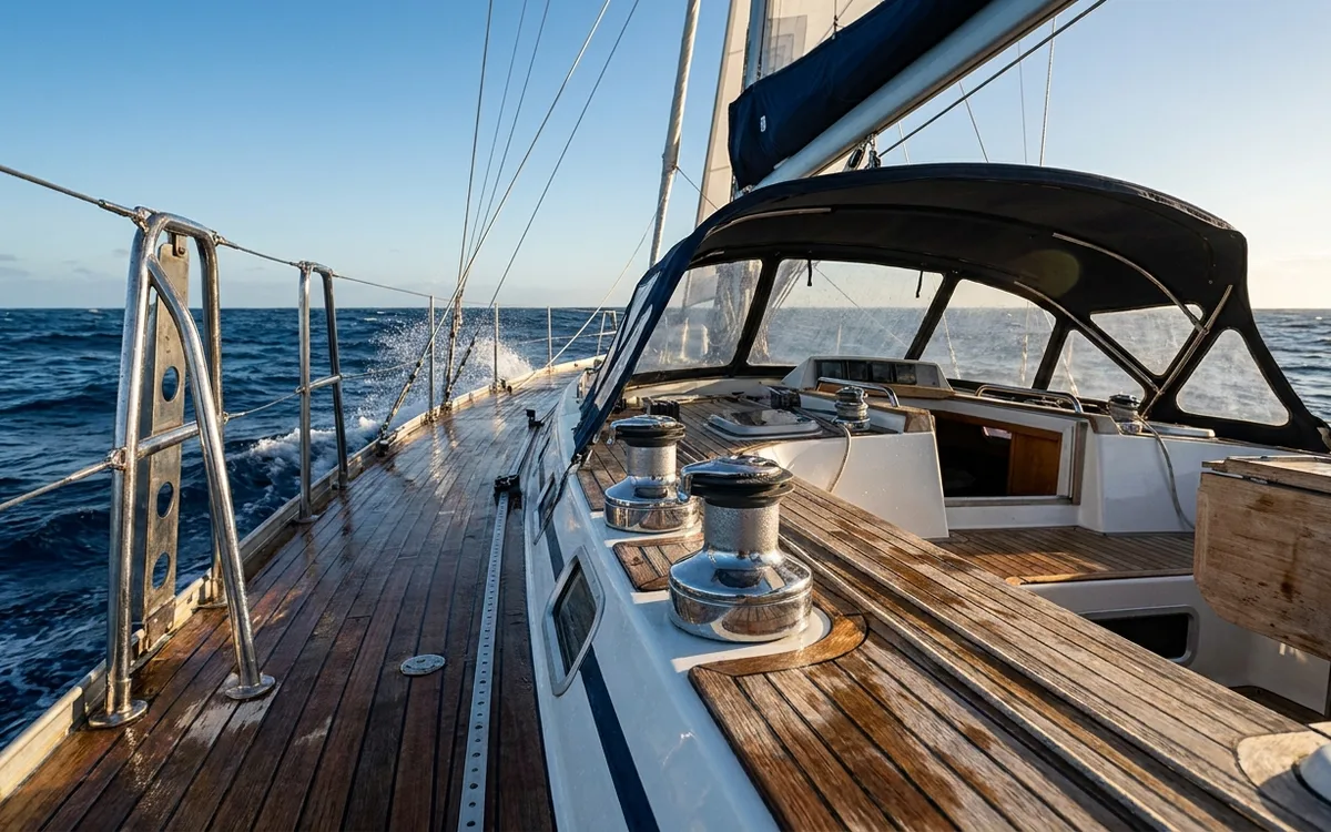Teak deck and sheltered center cockpit of a heavy blue-water cruising sailboat cutting through ocean swell.