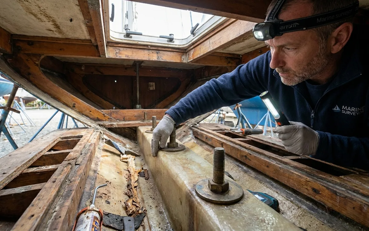 Surveyor checks keel bolts and surrounding structure beneath lifted floorboards.