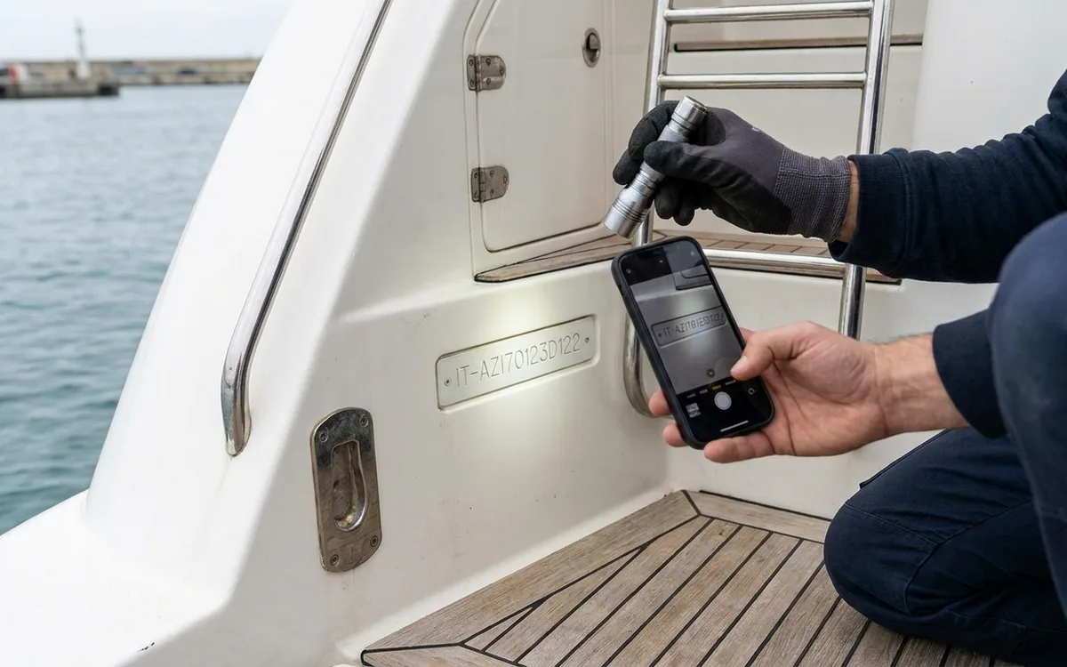 A gloved hand illuminates the starboard transom CIN/HIN while it is photographed straight on.