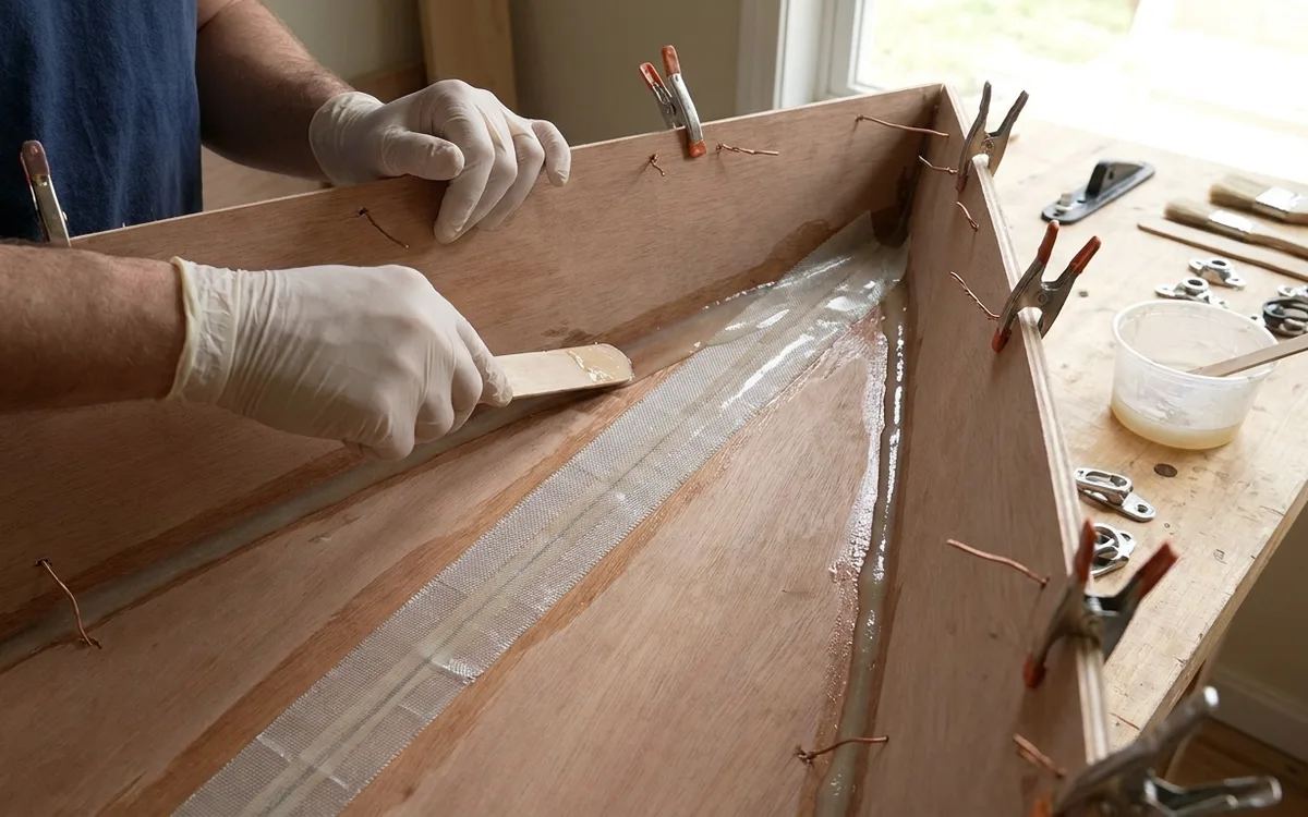Gloved hands apply an epoxy fillet and wet glass tape over a plywood dinghy’s inside chine joint.