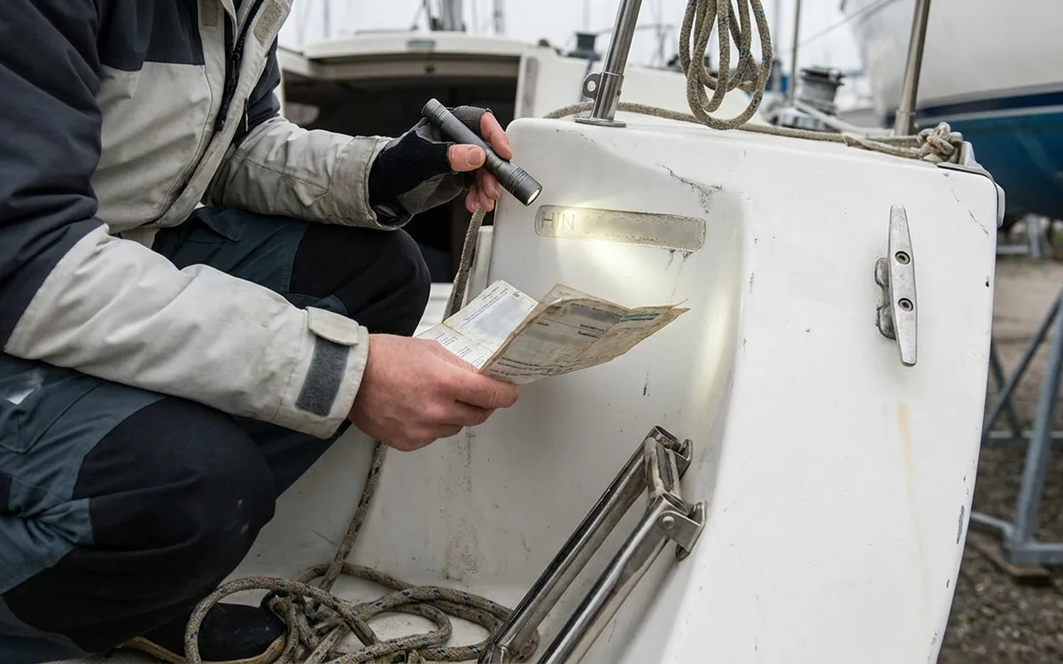 Owner checks the hull identification number at the starboard transom against a registration certificate.