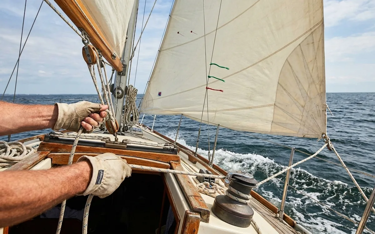 Hands trim the Ballad’s genoa and mainsail after a tack, with telltales streaming aft.